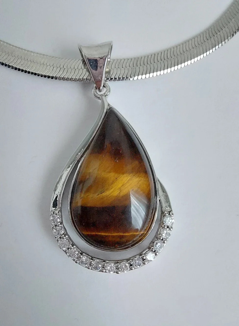 Tiger Eye Crystals Teardrop Pendant Necklace Silver Tone  Statement Necklace